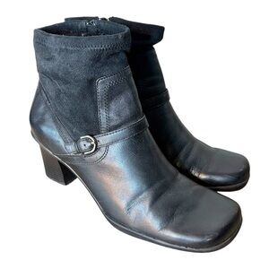 BARE TRAPS Black Leather Vana Booties Chunky Heel Square Toe Buckle Zipper 8.5
